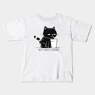 But first coffee Cat drinking coffee Kids T-Shirt